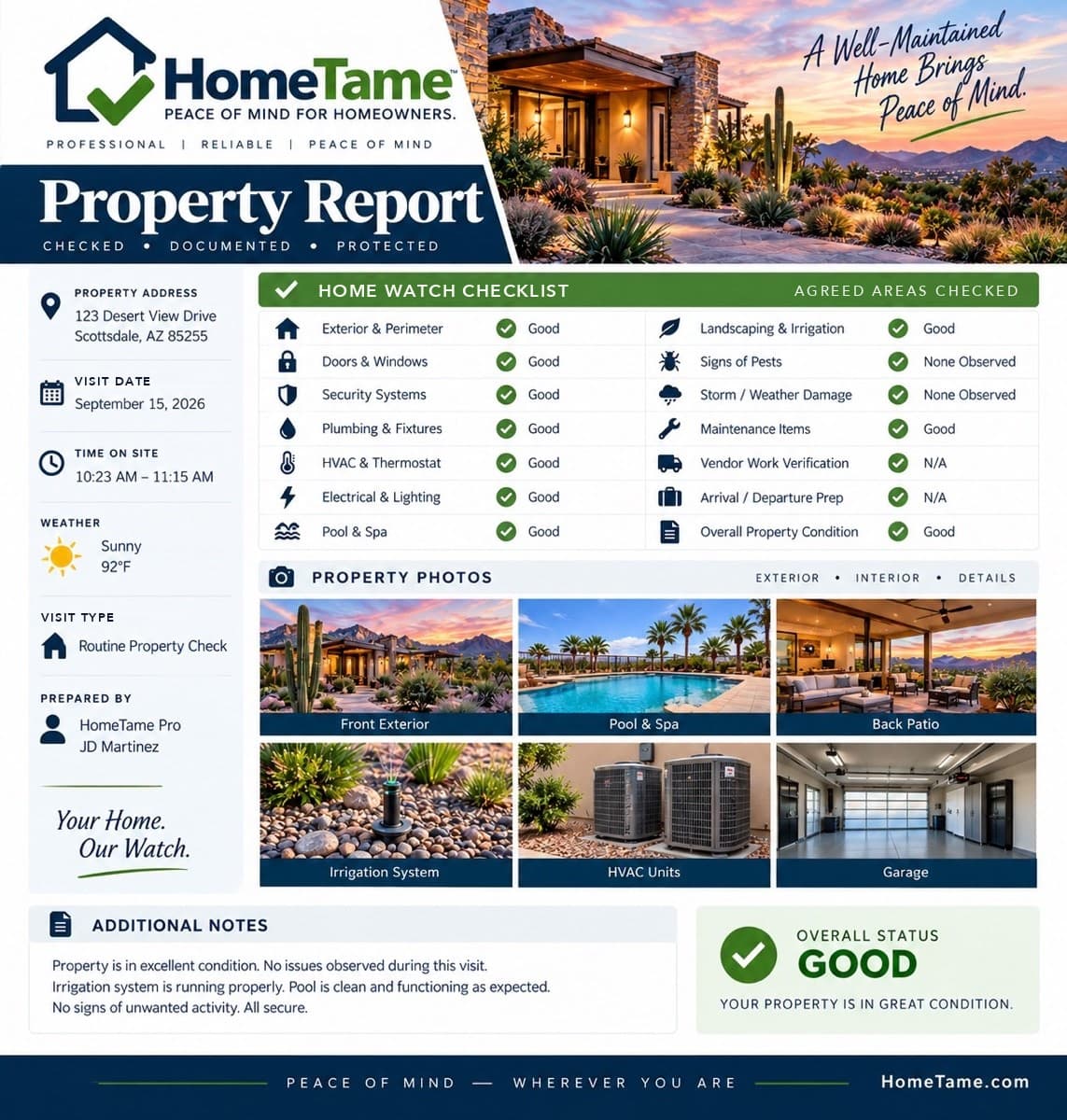 Sample HomeTame property report with a checklist, property photos, and visit notes